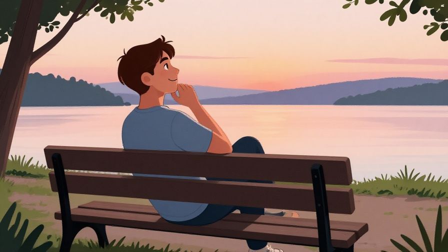 Illustration%20of%20a relaxed person sitting on a bench watching a sunset, smiling thoughtfully, soft pastel colors and calm atmosphere