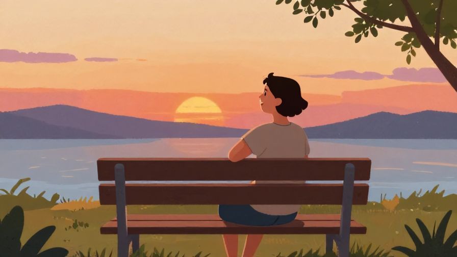 Illustration%20of%20a relaxed person sitting on a bench watching the sunset, peaceful expression, with soft evening colors. Vibrant, illustrated style