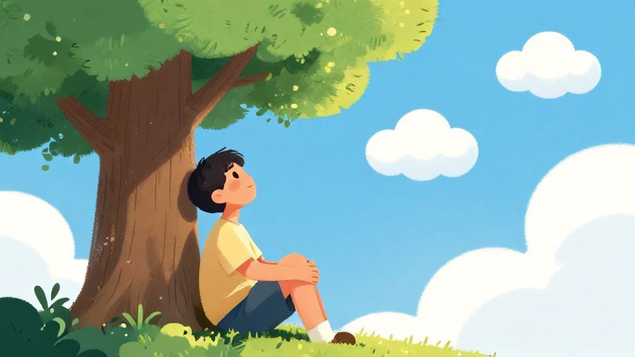 Illustration%20of%20a relaxed person sitting under a tree, looking up at the sky with floating clouds, feeling peaceful and carefree, vibrant colors