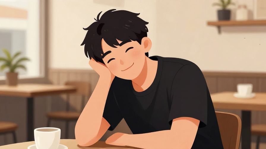 Illustration%20of%20a relaxed person tilting their head slightly with a playful smile, sitting in a casual cafe setting