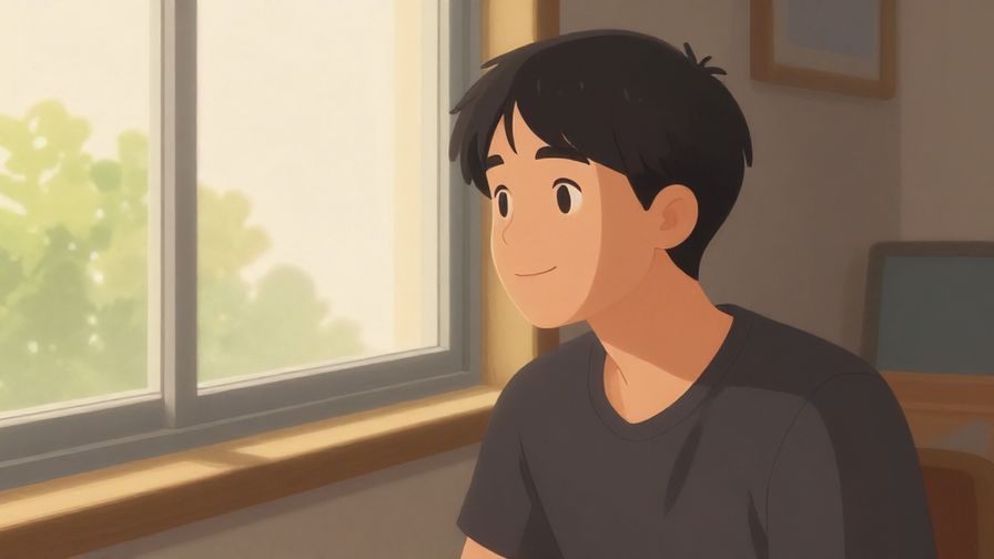 Illustration%20of%20a relaxed person with a soft smile, gazing out a window, soft natural light, quiet room