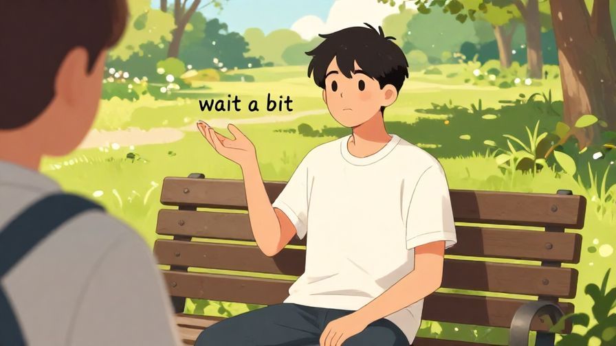 Illustration%20of%20a relaxed person%20sitting%20on%20a%20bench%20looking%20at%20someone%20and%20gesturing%20“wait%20a%20bit”%20with%20a%20calm%20expression%2C%20sunny%20park%20scene.