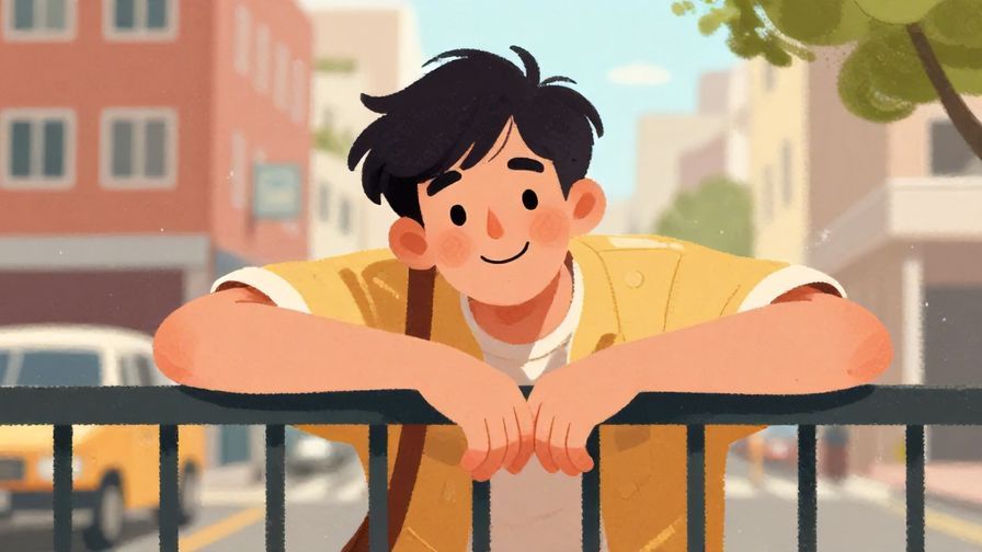 Illustration%20of%20a relaxed young adult leaning on a fence with a playful smirk, informal urban background, warm colors, illustrated style