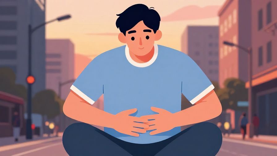 Illustration%20of%20a relaxed young adult sitting with hands on stomach, casual streetwear, urban background, sunset colors, illustrated style