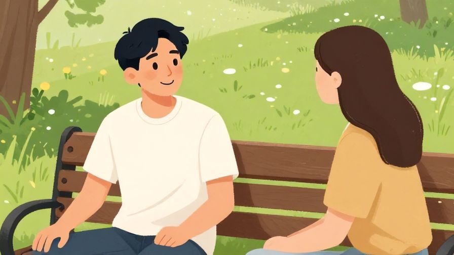 Illustration%20of%20a relaxed young man speaking to a friend with a slight smile, park bench background, friendly tone, illustrated style