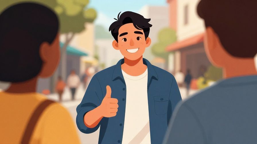 Illustration%20of%20a relaxed young man with a confident smile, giving a thumbs up to a friend, casual street background, vibrant colors.