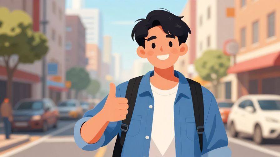 Illustration%20of%20a relaxed young person giving a casual thumbs-up with a grin, bright city street background