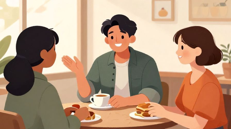 Illustration%20of%20a relaxed young person introducing themselves casually with a smile%2c café setting%2c bright, warm colors%2c illustrated style