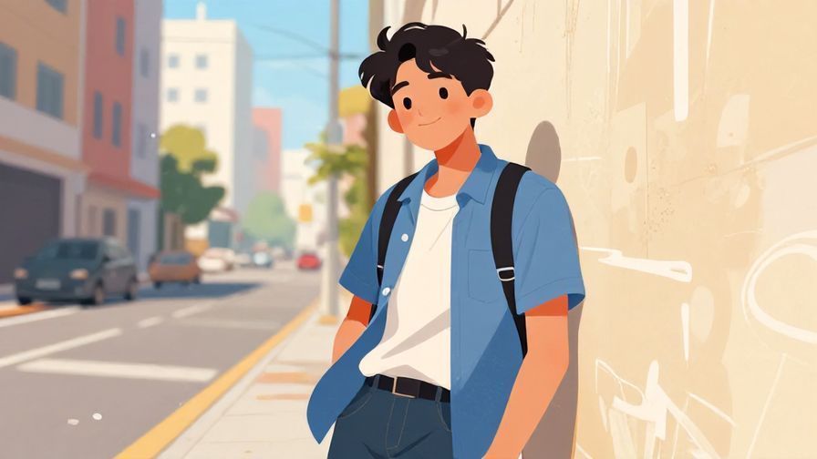 Illustration%20of%20a relaxed young person leaning casually on a wall, smiling with a carefree vibe, urban background, bright colors, illustrated style