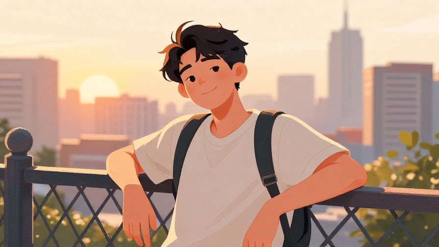 Illustration%20of%20a relaxed young person leaning on a fence, smiling casually with a cityscape background and soft sunset lighting, illustrated style