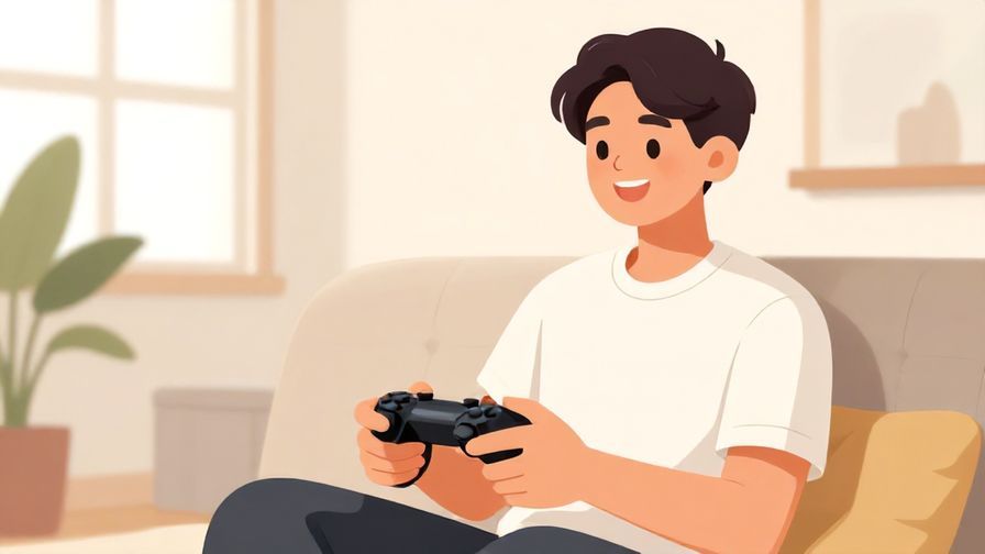 Illustration%20of%20a relaxed young person putting down a game controller with a smile, casual bright room