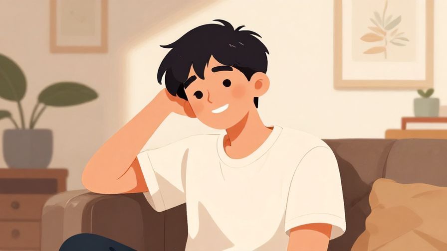 Illustration%20of%20a relaxed young person smiling with a slight shrug, cozy room, casual atmosphere