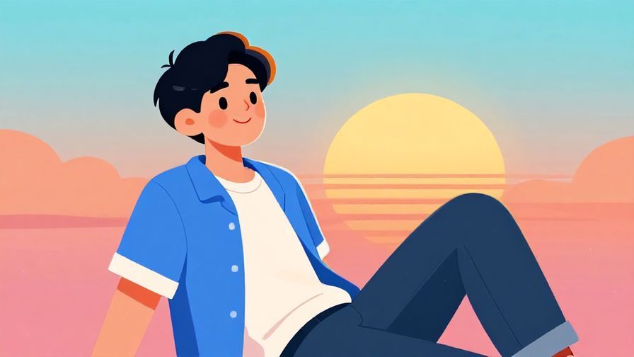 Illustration%20of%20a relaxed young person smiling with a sunrise in the background, casual clothing, bright colors