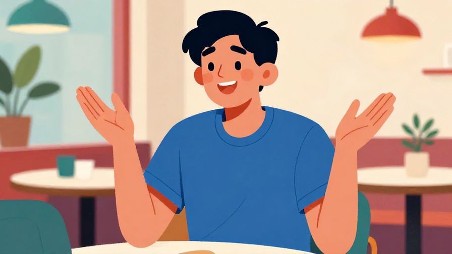 Illustration%20of%20a relaxed young person talking animatedly with casual gestures, colorful café background, illustrated style