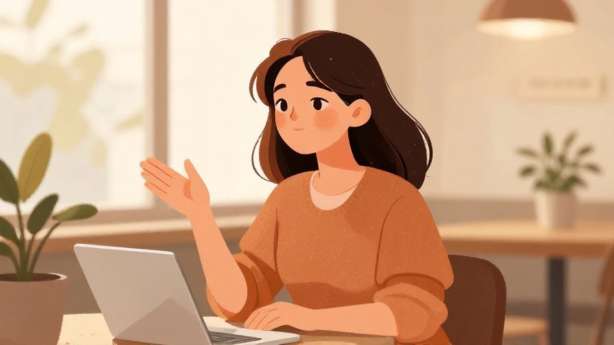 Illustration%20of%20a relaxed young woman smiling and sharing her opinion in a cafe, warm lighting, illustrated style