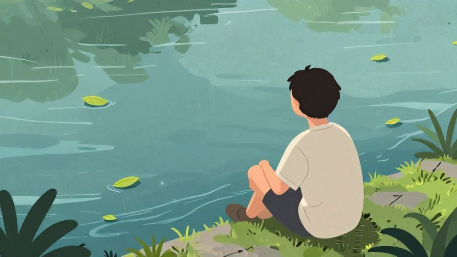 Illustration%20of%20a relaxed%20person%20sitting%20by%20a%20river%20watching%20floating%20leaves%2C%20calm%20and%20peaceful%20setting%2C%20soft%20lighting%2C%20illustrated%20style