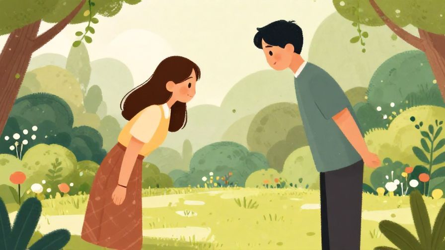 Illustration%20of%20a respectful bow between two people in a serene garden setting, soft natural light