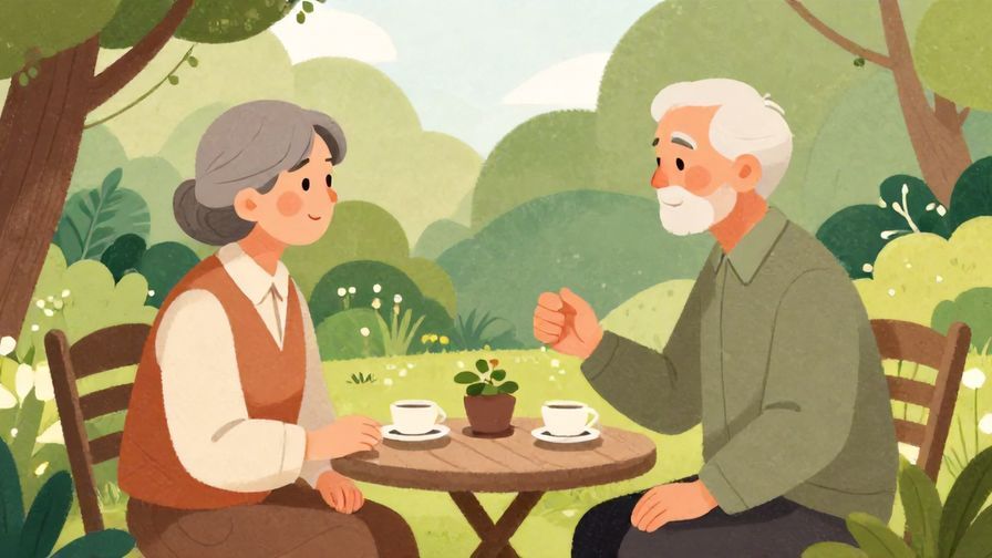 Illustration%20of%20a respectful conversation between two elderly people in a serene garden, formal atmosphere