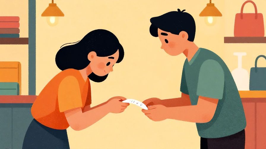 Illustration%20of%20a respectful customer bowing slightly while politely requesting an official receipt, elegant shop background, vibrant colors, illustrated style