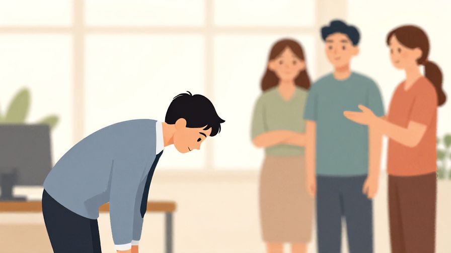 Illustration%20of%20a respectful employee bowing slightly and informing colleagues about their break, soft office background, illustrated style