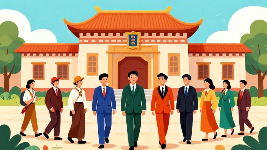 Illustration%20of%20a respectful group walking together towards a traditional building, formal clothing, vibrant colors