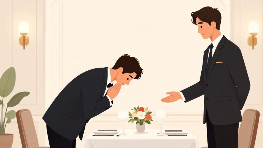 Illustration%20of%20a respectful guest%20bowing%20slightly%20and%20asking%20a%20waiter%20in%20a%20formal%20dining%20room%2C%20elegant%20decor%2C%20soft%20lighting%2C%20illustrated%20style