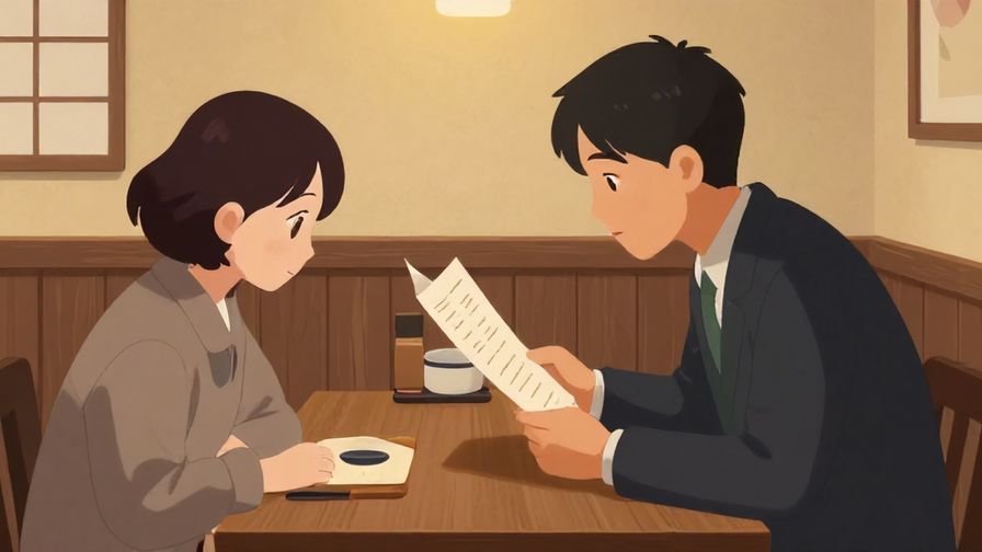 Illustration%20of%20a respectful guest%20politely asking to see the menu%20with a slight bow%20in a cozy Japanese restaurant%2C warm colors%2C illustrated style