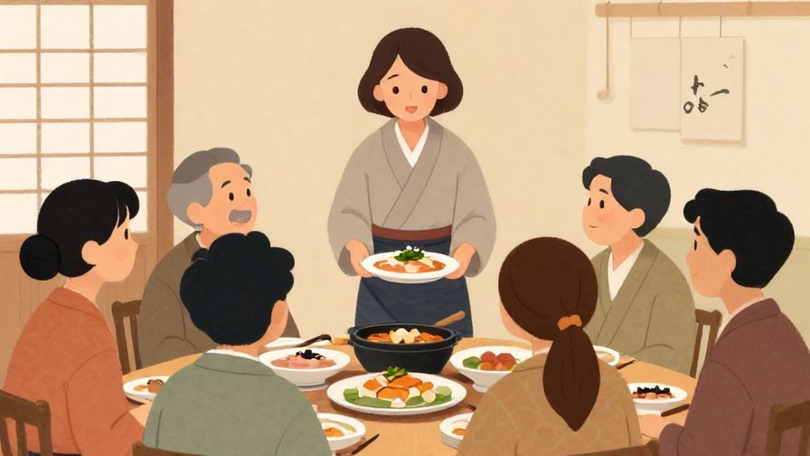 Illustration%20of%20a respectful host serving food to guests%2C warm hospitality%2C traditional Japanese setting%2C soft colors%2C illustrated style