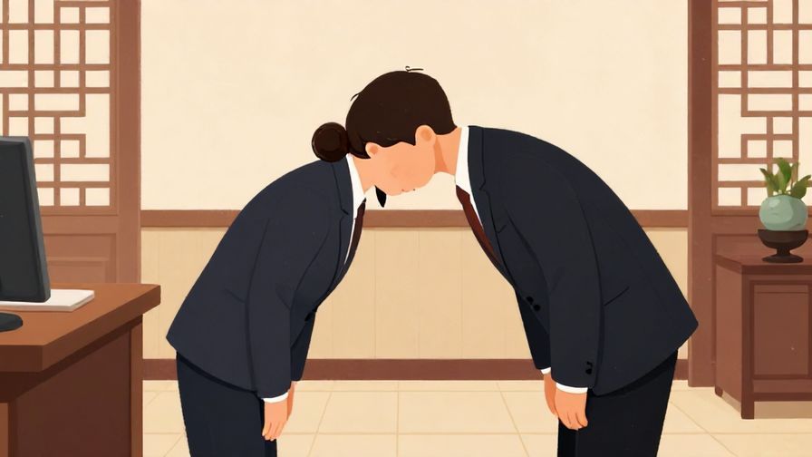 Illustration%20of%20a respectful person bowing deeply in a formal office setting, elegant traditional decor, warm lighting, illustrated style