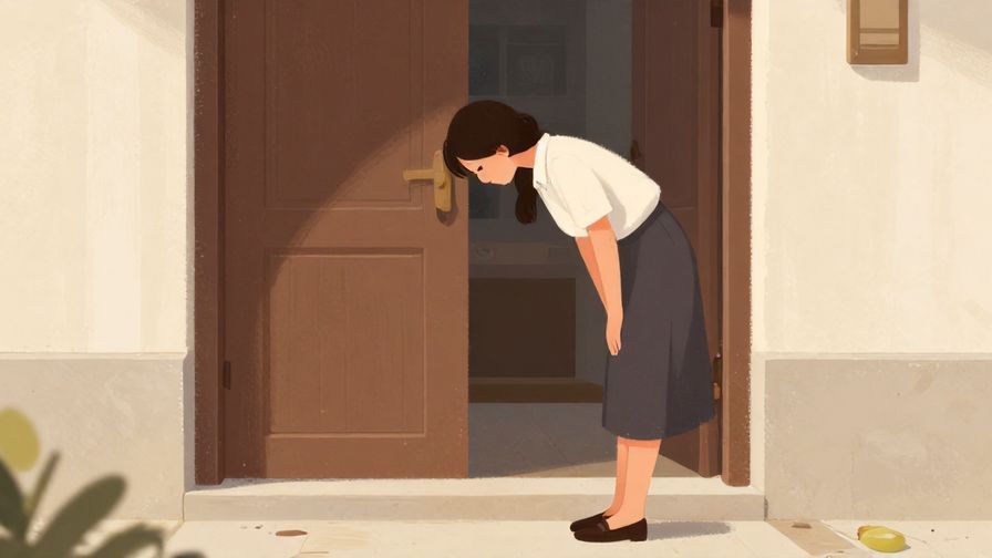 Illustration%20of%20a respectful person bowing gently at a doorstep, soft warm colors, elegant atmosphere, illustrated style