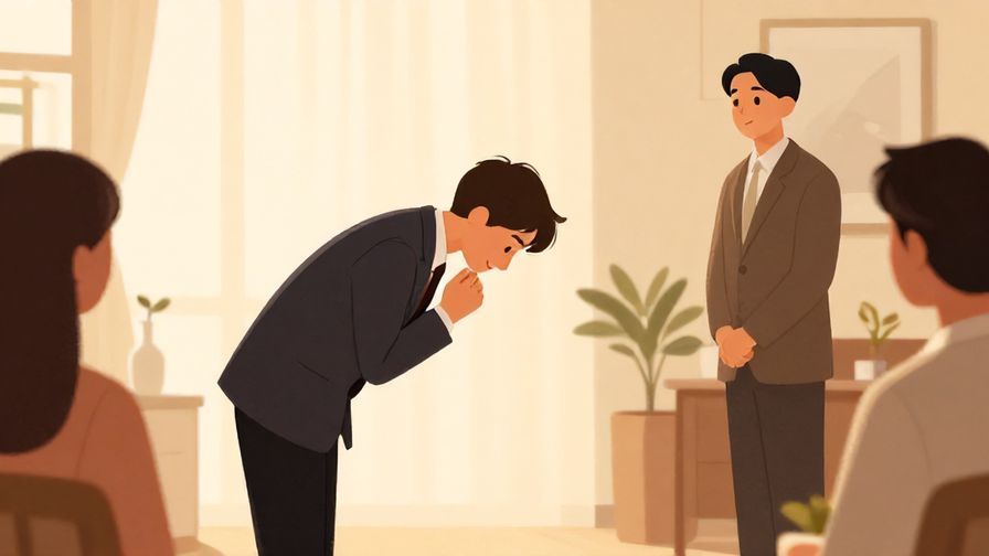 Illustration%20of%20a respectful person bowing slightly before leaving a formal gathering, warm interior lighting, illustrated style