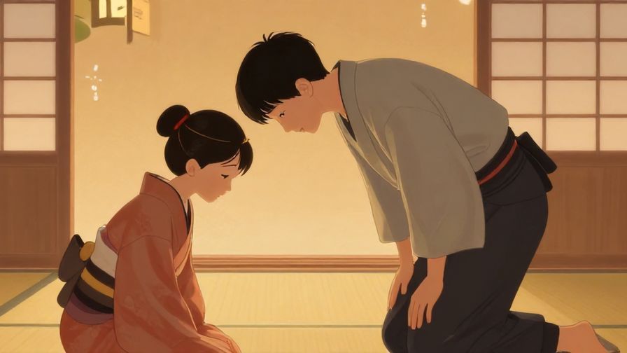Illustration%20of%20a respectful person bowing slightly in a traditional Japanese setting, warm ambient lighting, illustrated style