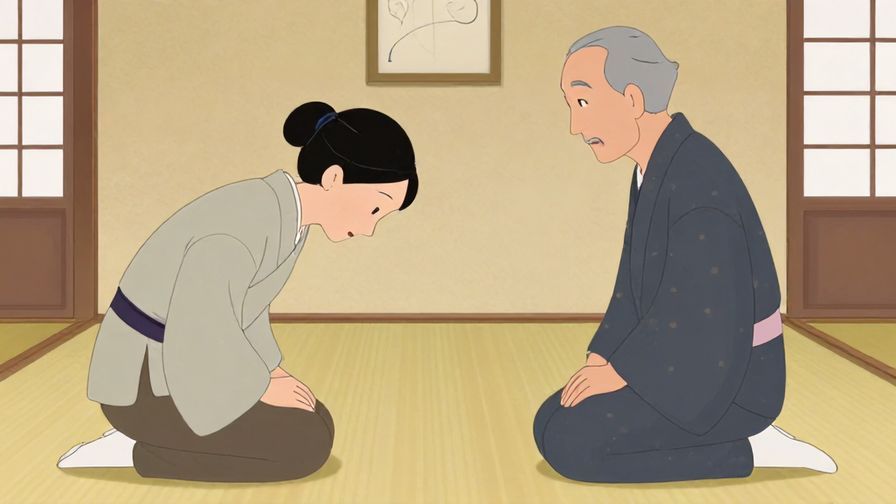 Illustration%20of%20a respectful person bowing slightly while asking a question to an elder, traditional Japanese room, soft lighting, illustrated style