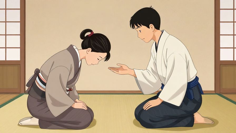 Illustration%20of%20a respectful person bowing slightly while requesting help, traditional Japanese room setting, soft lighting, illustrated style