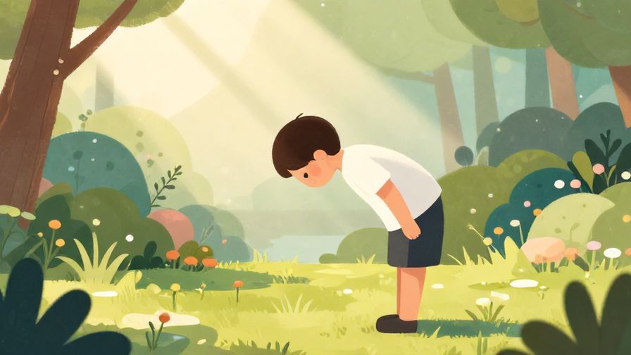 Illustration%20of%20a respectful person bowing slightly with serene garden background and soft light rays