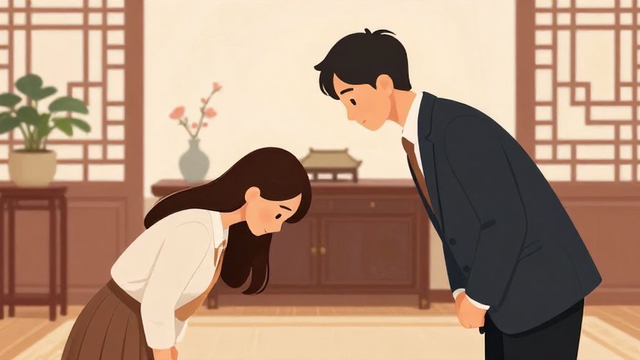 Illustration%20of%20a respectful person bowing slightly during a formal conversation, elegant traditional room background