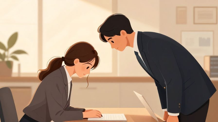 Illustration%20of%20a respectful person bowing slightly while listening in a formal office setting, warm lighting