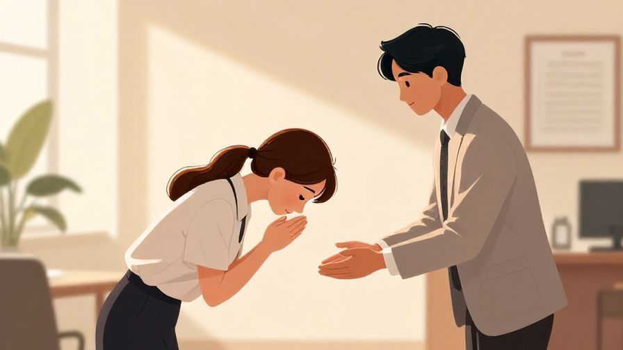 Illustration%20of%20a respectful person bowing slightly offering help, elegant office interior, warm lighting, illustrated style