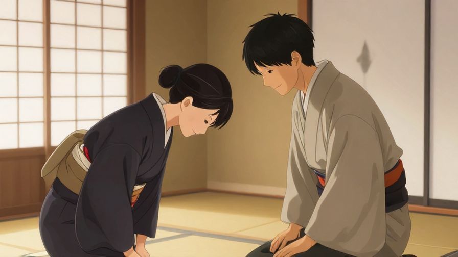 Illustration%20of%20a respectful person bowing slightly with a warm smile in a traditional Japanese room, soft natural light, elegant atmosphere