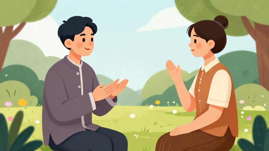 Illustration%20of%20a respectful person in traditional attire asking about another’s health, serene garden background