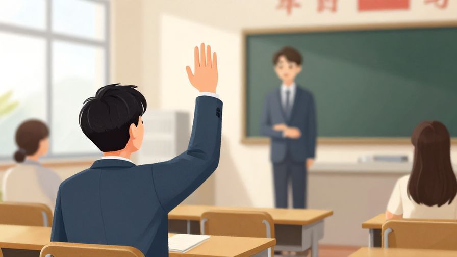 Illustration%20of%20a respectful person raising their hand in classroom or office, bright environment, detailed illustrated style