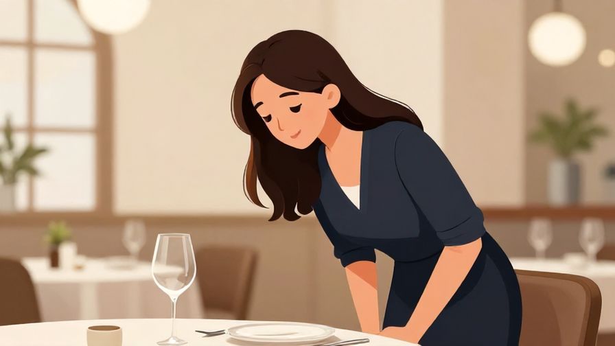 Illustration%20of%20a respectful woman slightly bowing with a kind smile, elegant restaurant background, soft warm lighting, illustrated style