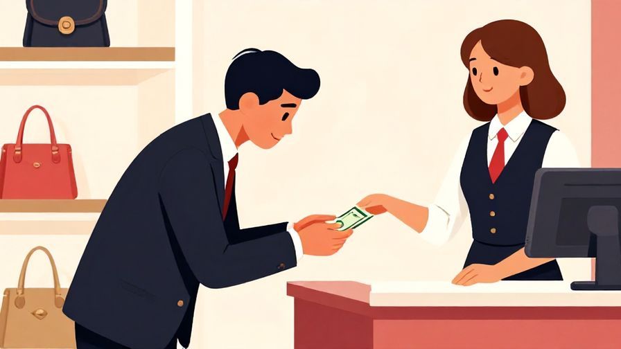 Illustration%20of%20a respectful%20businessperson%20bowing%20slightly%20while%20handing%20cash%20to%20a%20cashier%20in%20a%20luxury%20store%20setting%2C%20vibrant%20colors%2C%20illustrated%20style