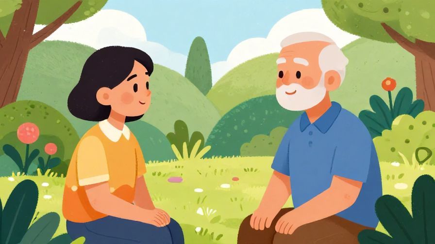 Illustration%20of%20a respectful%20conversation%20between%20a%20person%20and%20a%20senior%20with%20a%20peaceful%20garden%20in%20the%20background%2C%20vibrant%20colors%2C%20illustrated%20style