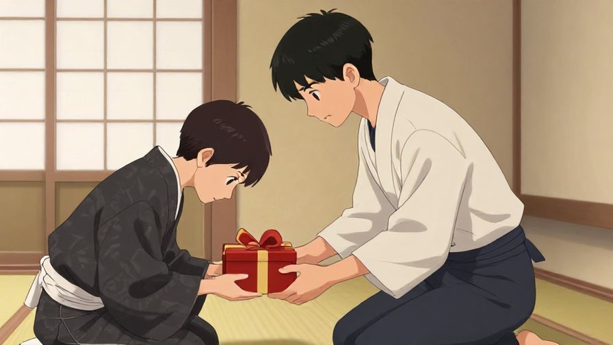 Illustration%20of%20a respectful%20young%20adult%20bowing%20slightly%20while%20offering%20a%20gift%20in%20a%20traditional%20Japanese%20room%2C%20soft%20lighting%2C%20illustrated%20style