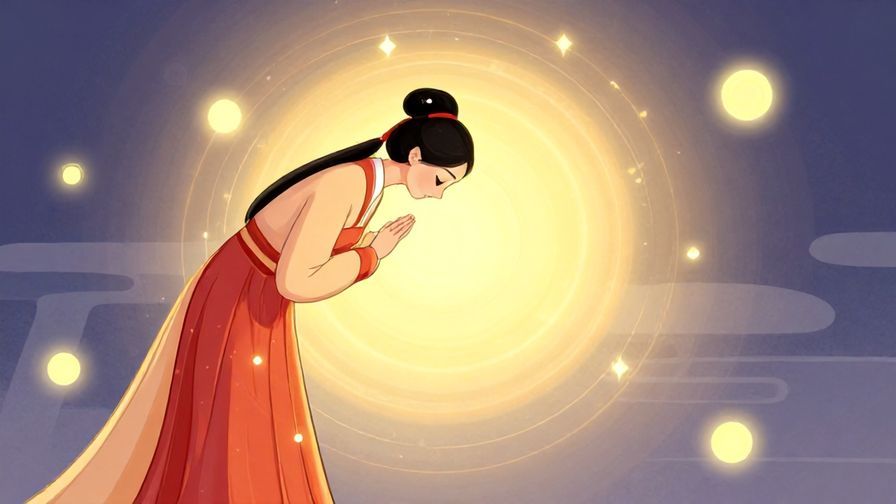 Illustration%20of%20a respectfully bowing person in traditional attire, surrounded by soft glowing lights symbolizing fate, elegant setting, vibrant colors, illustrated style