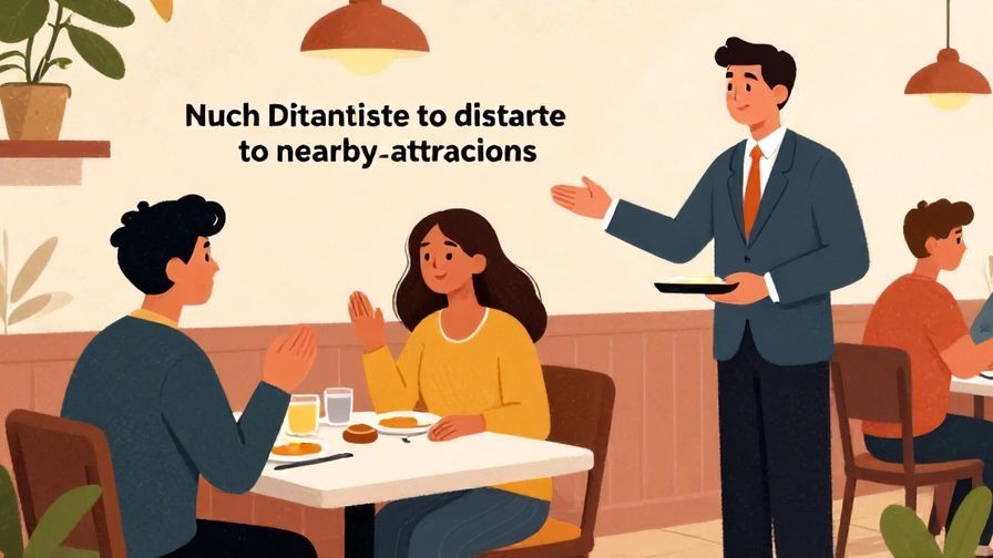 Illustration%20of%20a restaurant guest politely asking the waiter about distance to nearby attractions%2C%20vibrant%20colors%2C%20illustrated%20style