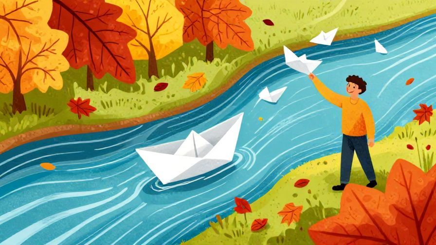 Illustration%20of%20a river flowing past colorful autumn leaves, with a person smiling and releasing a paper boat, symbolizing letting go and forgetting, vibrant colors, illustrated style