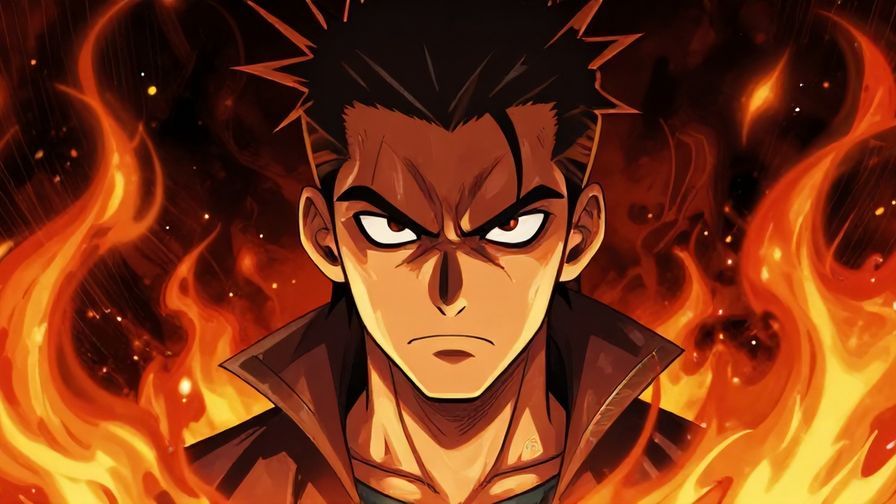 Illustration%20of%20a rough-looking character glaring fiercely%2C dark intense background with flames and sharp lines%2C vibrant colors%2C illustrated style