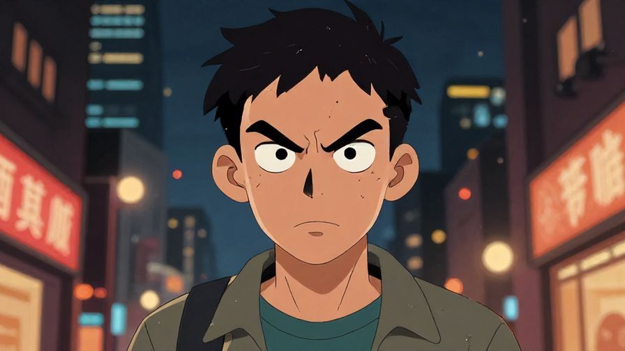 Illustration%20of%20a rough-looking character glaring angrily, urban nighttime background, intense colors, illustrated style